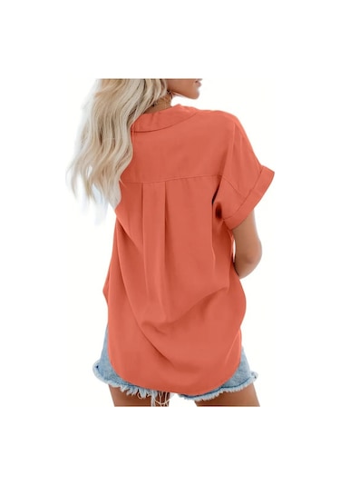 Kadın Kısa Kollu V Yakalı Önden Düğmeli Dokuma Gömlek Turuncu