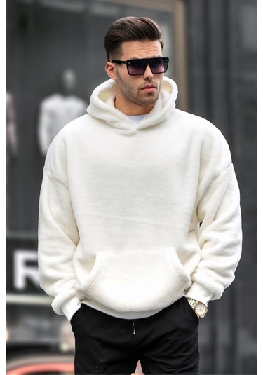 Ekru Peluş Kapüşonlu Erkek Sweatshirt 6050 Ekru