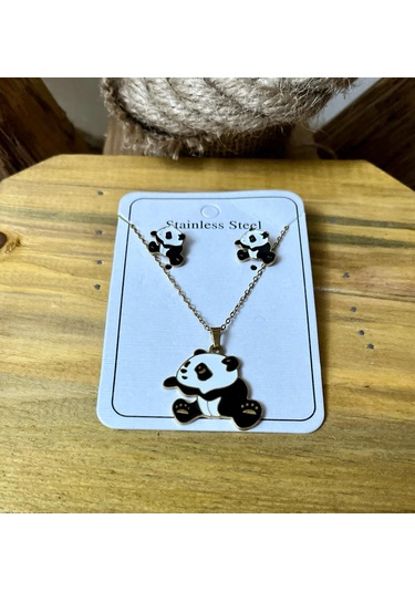 Sevimli Panda Mineli Gold Altın Renk Çelik Kız Çocuk Küpe Kolye