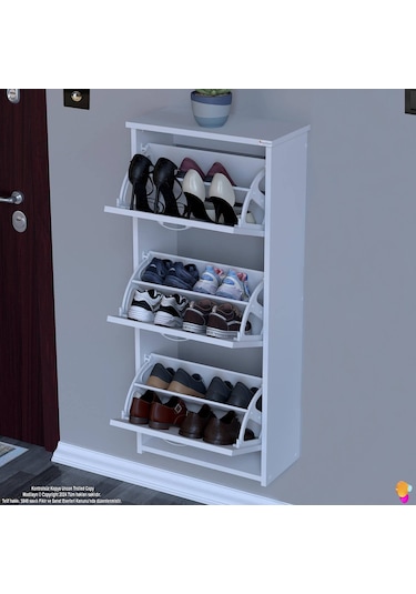 Modilayn West Asma Antre 52x116x 26 Cm Lik 3 Düşer Kapak 6 Göz Bölmeli Ayakkabılık Beyaz
