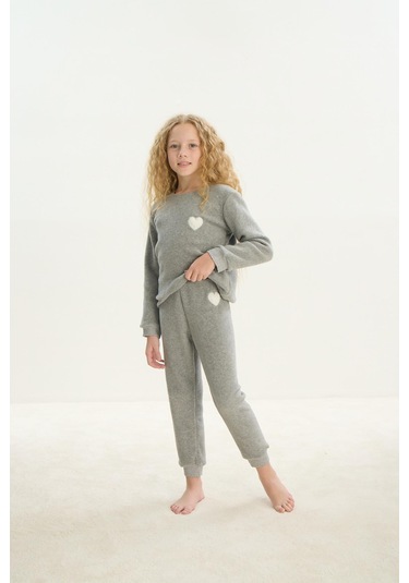 Kız Çocuk Garson Uzun Kol Polar Gri Melanj Pijama Takım C0t5n7o8 001