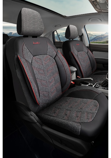 Siyah - Kırmızı Butti Bello Serisi Keten Kumaş Premium Oto Koltuk Kılıfı Ortopedik Destekli, Ön Arka Tam Set