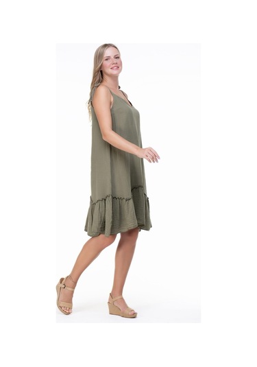 Askılı Müslin Serra Volanlı Kısa Elbise Haki Hk-haki