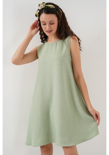 2444 Mini Keten Elbise - E.yeşil Yeşil