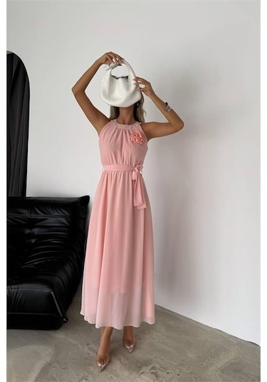 Kadın Astarlı Sıfır Kol Şifon Elbise Dpnbk2144 Pudra