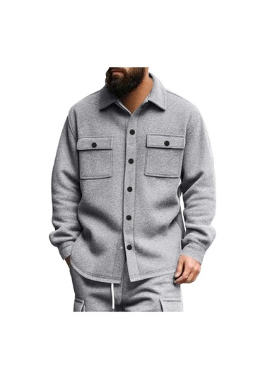 Gündelik Erkek Kadife Yaka Üst Tek Sıra Düğmeli Düz Renk Dar Kesim Ceket Manto Açık Gri