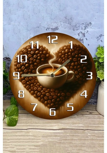 Sessiz Yuvarlak Ahşap Duvar Saati, Kuvars Coffe Desen 2d Sdw2021 Renkli