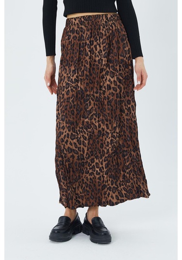 4619 Kadın Leopar Desen Kraşlı Saten Etek Kahve Kahve