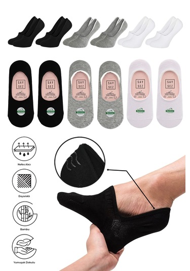 Bambu Kadın Babet Siyah-beyaz-gri Çorap Dikişsiz Görünmez Kaymaz Beyaz - Gri - Siyah