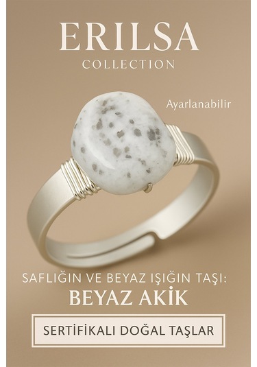 Sertifikalı Doğal Beyaz Akik Taşı Yüzük Ayarlanabilir Kalın Tımbıl Kasa Beyaz