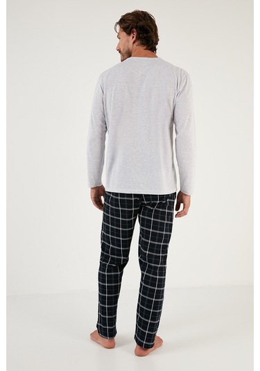 Buratti Ekoseli Cepli Beli Lastikli % 100 Pamuk Regular Fit Erkek Pijama Takımı 6572001 Gri Melanj