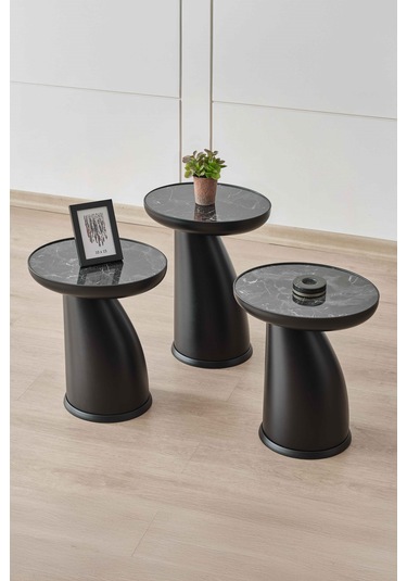 Altınaks Mobilya Elips Sehpa,3'lü Sehpa,yan Sehpa,zigon Sehpa - Siyah & Siyah Mermer Desenli