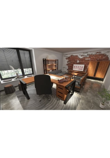 Deryawood Gold Masif Ahşap L Bilgisayar Masası Modüllü 180x85x76cm 60x75cm Yan Modül Açık Ceviz