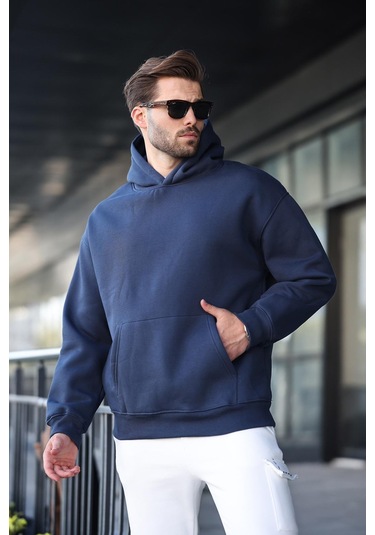 Lacivert Kapüşonlu Kanguru Cep Erkek Sweatshirt E7169 Lacivert