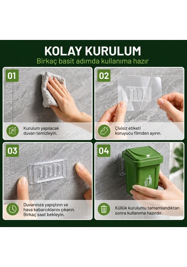 Duvara Monte Kapaklı Mini Çöp Kovası Çıkarılabilir Hazneli Pratik Duvar Tipi Kutu Yeşil