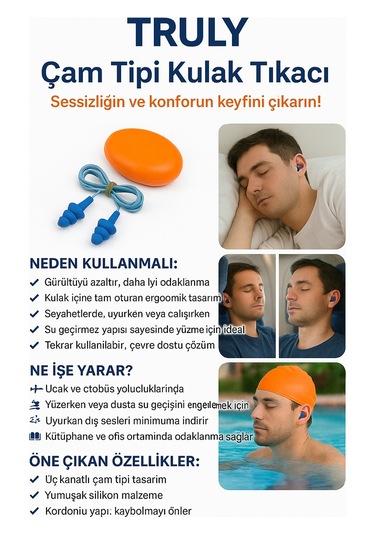 Truly Çam Tipi Kulak Tıkacı Ipli, Su Geçirmez, Yıkanabilir, Silikon, Uyku Ve Yüzme Için 21 Db Gürültü Azaltma