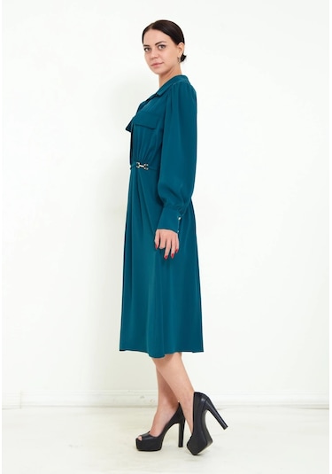 Modatalika Kadın Pile Detaylı Kemerli Gömlek Yaka Şık Uzun Kolu Midi Elbise Petrol Yeşili