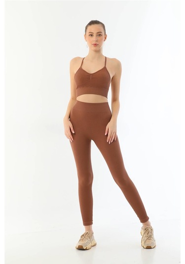 Kahve Mı Emay 3921 Soft Seamless Ripli Tayt Yoga Takımı Kahve