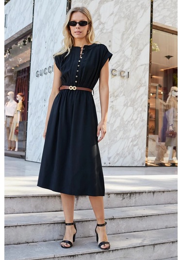 Kadın Yumuşak Dokulu İpeksi Modal Kumaş Hakim Yaka Beli Lastikli Önü Düğmeli Diz Altı Elbise-siyah Siyah Kadın Yumuşak Dokulu İpeksi Modal Kumaş Hakim Yaka Beli Lastikli Önü Düğmeli Diz Altı Elbise-siyah Siyah