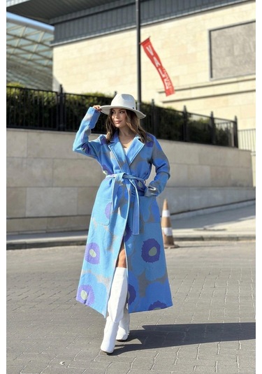 Kadın Mavi Desenli Astarlı, Ceket Yaka, Beli Kemerli, Rahat Kalıp, Digital Baskı, Uzun Kaşe Kaban Mavi