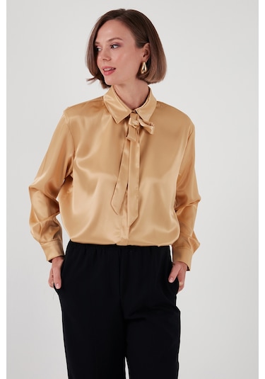 Lela Regular Fit Bağlama Detaylı Saten Bayan Gömlek 611Go00159 Gold