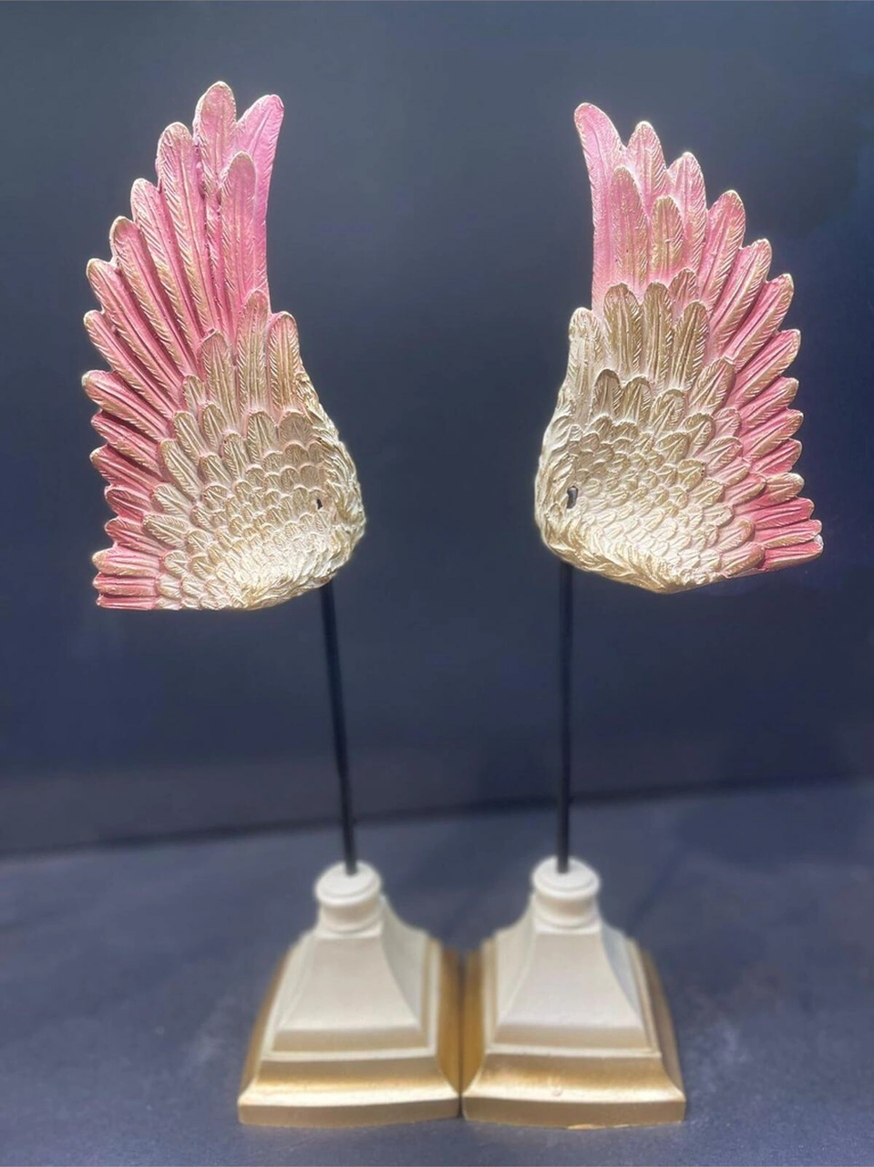 Dekoratif Polyester Ikili Melek Kanatları Biblo Krem Pembe Gold Eskitme