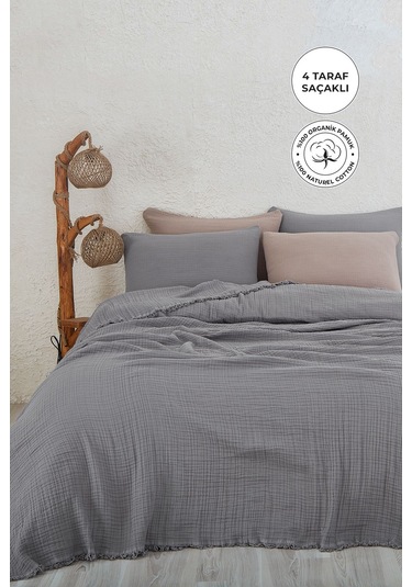 %100 Pamuk Çift Kişilik Müslin Yatak Örtüsü 4 Katlı Yumuşak Battaniye Müslin Pike Takımı 3 Parça Gri Gri
