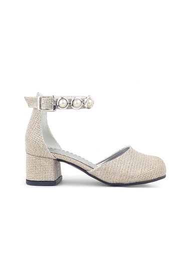 Merida Gold Simli Kalın Topuklu Taşlı Kız Çocuk Topuklu Ayakkabı Altın