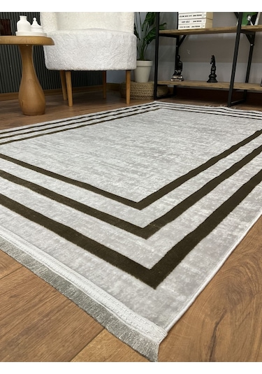Saraz Halı Çerçeve Model Bambu Yıkanabilir Parlak Halı Kahve Çizgi Kahve-gri