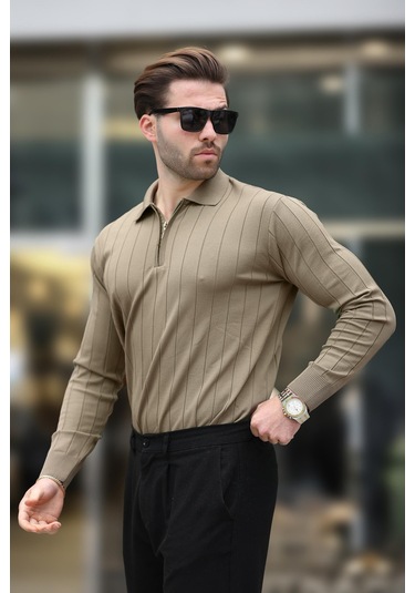 Madmext Açık Kahverengi Polo Yaka Fermuarlı Örme Kazak 7242 Açık Kahverengi