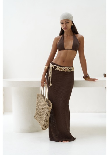 Mai Collection Mai Studios Co. Pangestu Üçgen Kahve Crop Etek Triko Takım Kahve