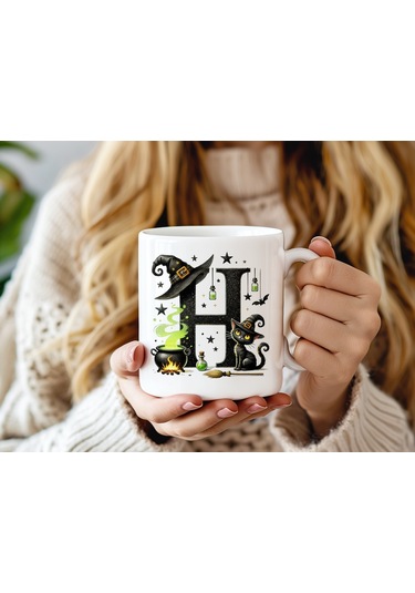 H Harfli Halloween Kedili Figür Kupa Bardak - Şapkalı Ve Kazanlı İsme Özel Kupa - Hediye 07 Beyaz