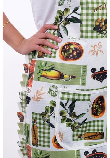 Jarse Frilly İkili Paket Sıvı Geçirmez Su Geçirmez Mutfak Önlüğü Zeytin