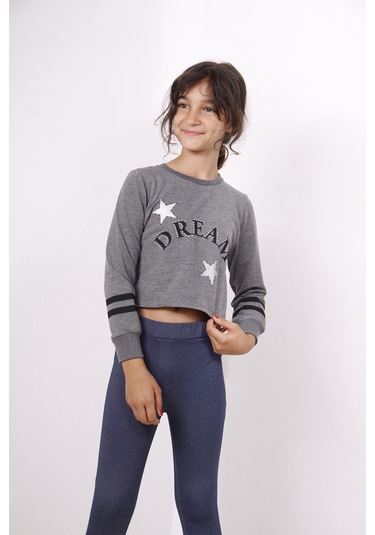 Toontoy Kız Çocuk Yıldızlı Dream Baskılı Sweatshirt Antrasit Melanj