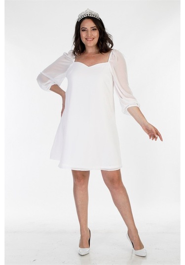 Astarlı Şifon Prenses Kol Elbise-1418 Beyaz