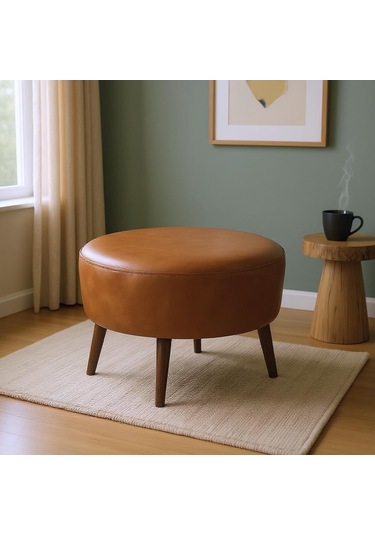 Large Büyük Yuvarlak Modern Puf - 60 Cm - Deri Kumaş - Taba