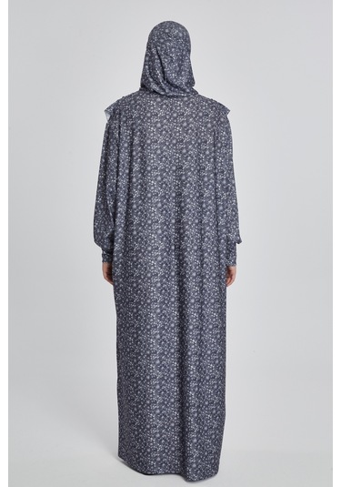 Pratik Tek Parça Çiçek Desenli Namaz Elbisesi Lacivert