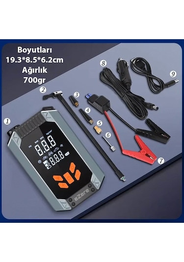 Ezere ST-9632D Taşınabilir Araç Lastik Şişirme ve Starter Akü Takviye Seti