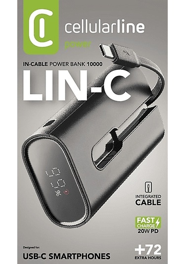 Cellularline LCD Ekranlı Entegre Type-C Kablolu Input + Output 10.000 Mah Powerbank
