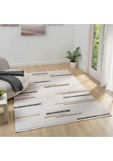 Krem Bej Kahve Yatay Blok Desenli Halı - Mk0559grl