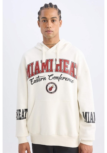DeFactoFit NBA Miami Heat Oversize Geniş Kalıp Kapüşonlu Baskılı Kalın Sweatshirt D0672AX24AUER105