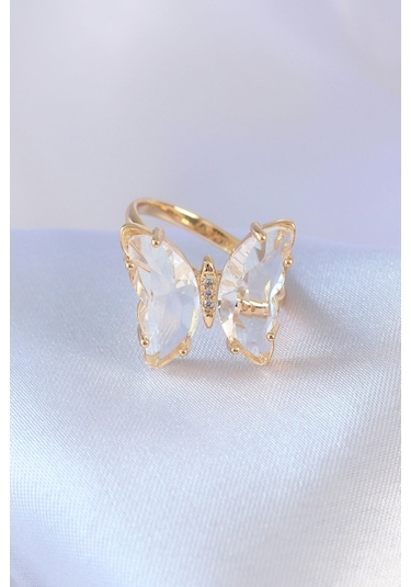 Gold Renk Zirkon Taşlı Kelebek Model Pirinç Kadın Yüzük Çok Renkli