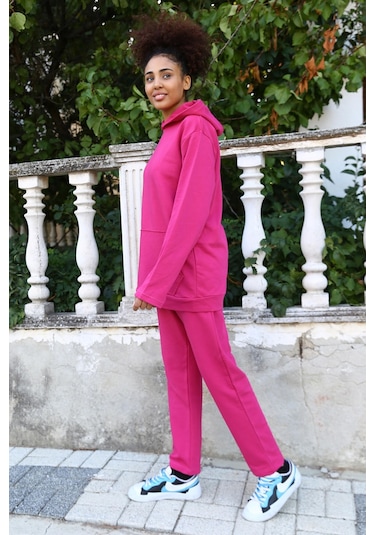 Akbeniz Kadın Pamuk Kapşonlu Cepli 3 İplik Fuşya Eşofman Takım 9037-fuşya Fuşya