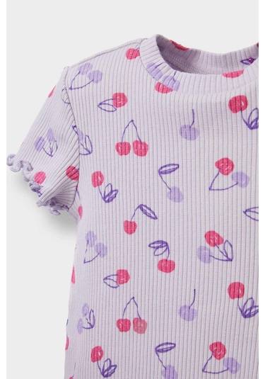 Defacto Kız Bebek 2li Takım Desenli Fitilli Kaşkorse Kısa Kollu Tişört Tayt F3510a525aupr305 Mor
