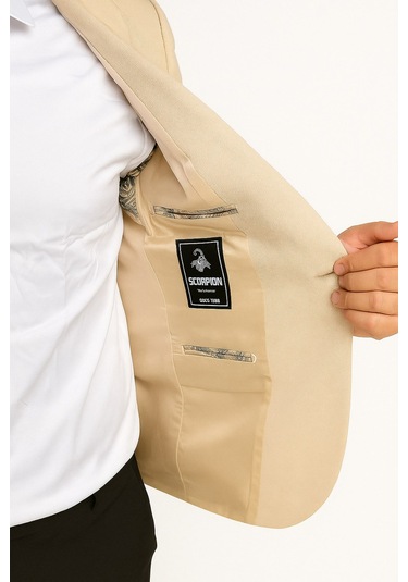 Plus Scorpion Bej Erkek İtalyan Kesim Blazer Ceket Kol Yamali, Slim Fit, Şık Ve Modern Tasarım Bej