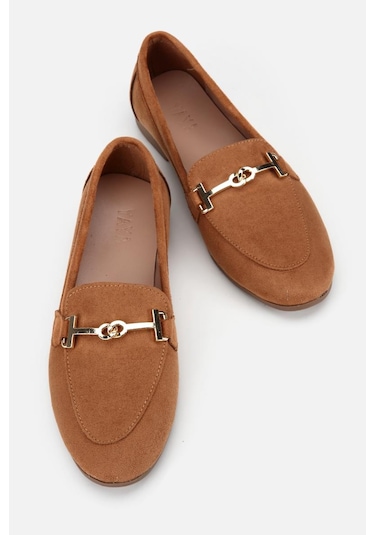 Yaya Kadın Taba Süet Gold Tokalı Loafer
