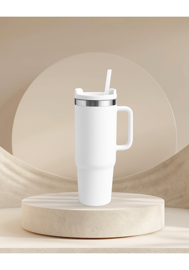 Beyaz Paslanmaz Çelik Termos Pipetli 1200ml Beyaz