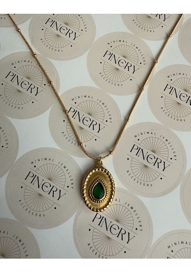 Zümrüt Damla Taşlı Kararmaz Çelik Kadın Gold Kolye Modern Ve Şı Altın