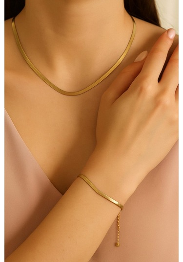 Altın Renk Italyan Zincir Kolye Ve Bileklik Takımı Altın