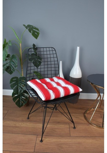Altınpamuk Altınpamuk Beta Pofidik Kırmızı Beyaz Sandalye Minderi Bağcıklı 4